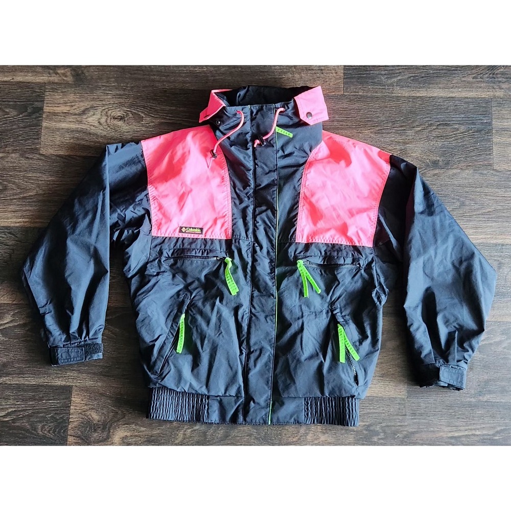 Vintage 90s Columbia womens Medium Nylon Neon Rainbow Color Block Zip Jacket